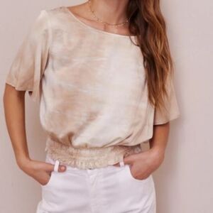 NWT Bella Dahl Cream & Tan Marbled Smocked Waist Blouse size Large